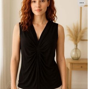 Black Slinky Fabric Sleeveless Ruched Front V-Neck Tunic Top fits M - XL